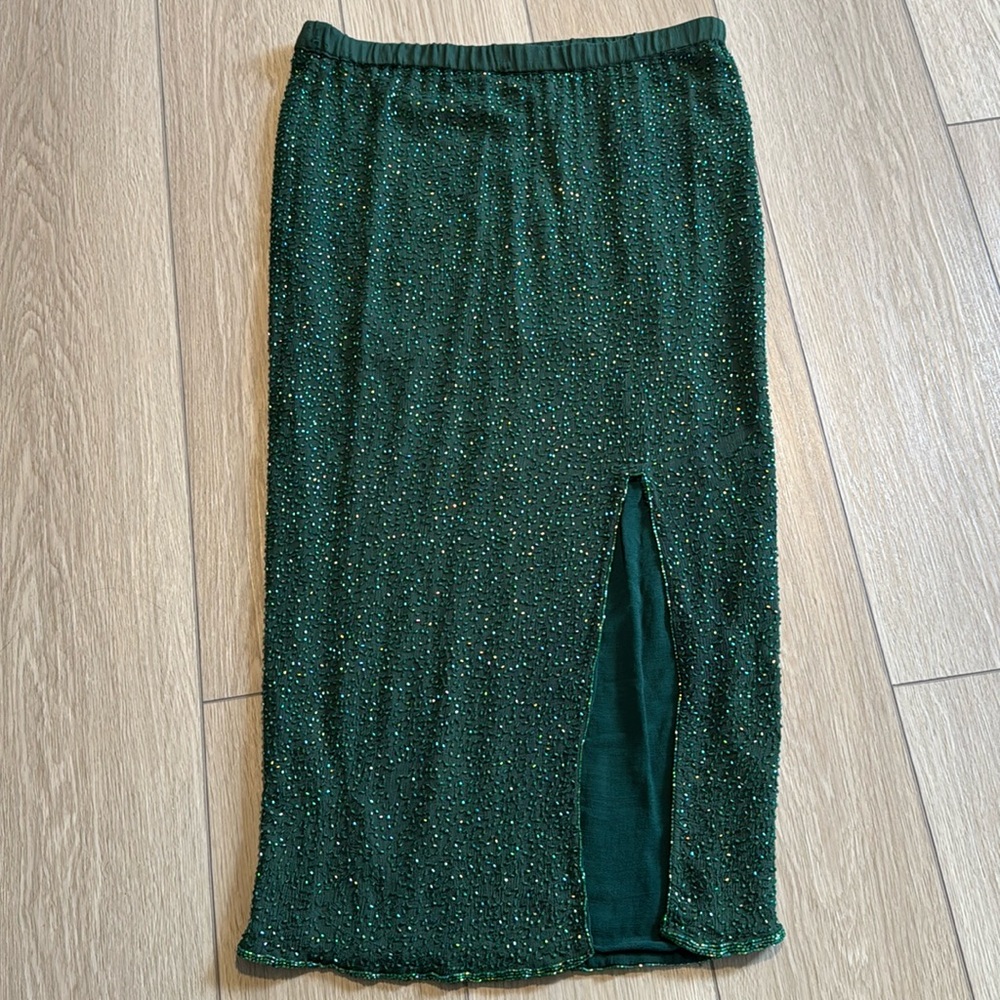 Vintage Pure Silk Green Beaded Skirt